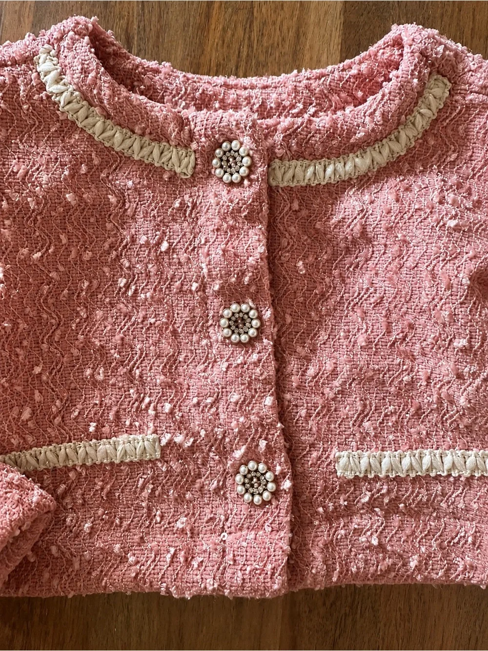 Le Chic Girls Size 2 Pink Tweed Skirt Suit Set Pearl Buttons Elle Woods